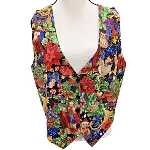 111 Main Vest Womens Large Christmas Holiday Novelty Cat Bear Santa Gifts Black